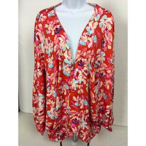 The Pioneer Women Open Front Cardigan Size XXL Red with Pink Blue Yellow Flowers